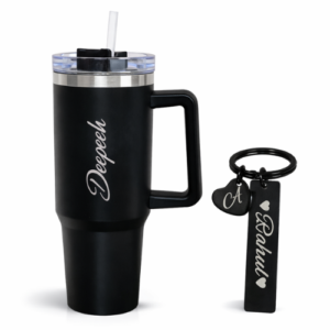 Personalised 1100ml+ Stainless Steel Tumbler with Handle & Straw + FREE Metal Name Keychain (Worth £15) – Insulated Travel Mug
